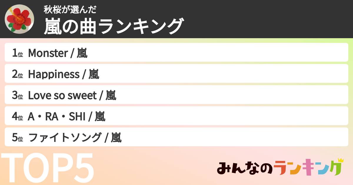 秋桜さんの「嵐の曲ランキング」