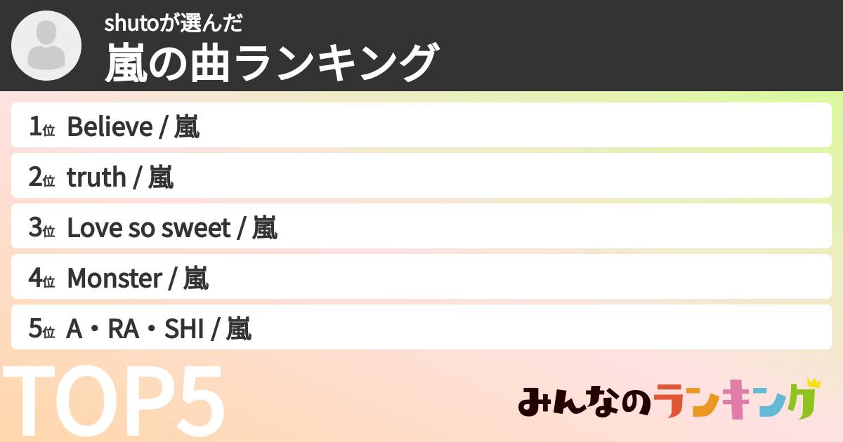 shutoさんの「嵐の曲ランキング」