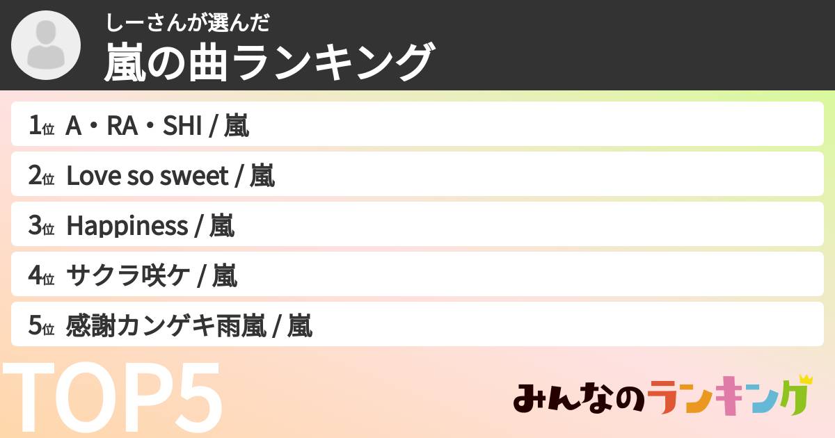しーさんさんの「嵐の曲ランキング」
