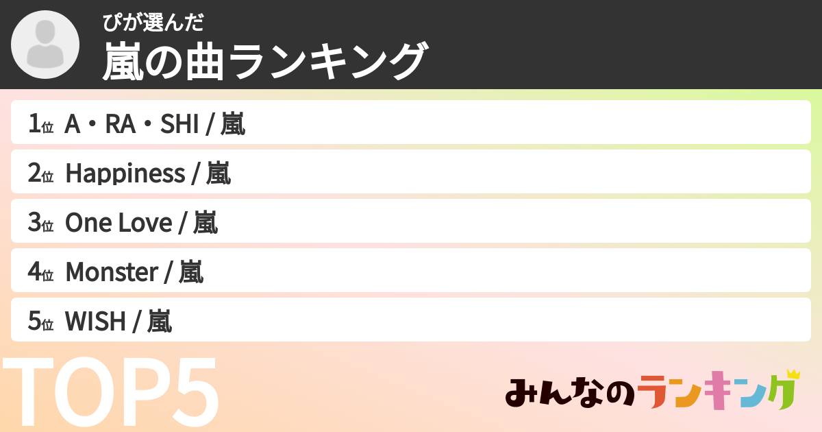 ぴさんの「嵐の曲ランキング」