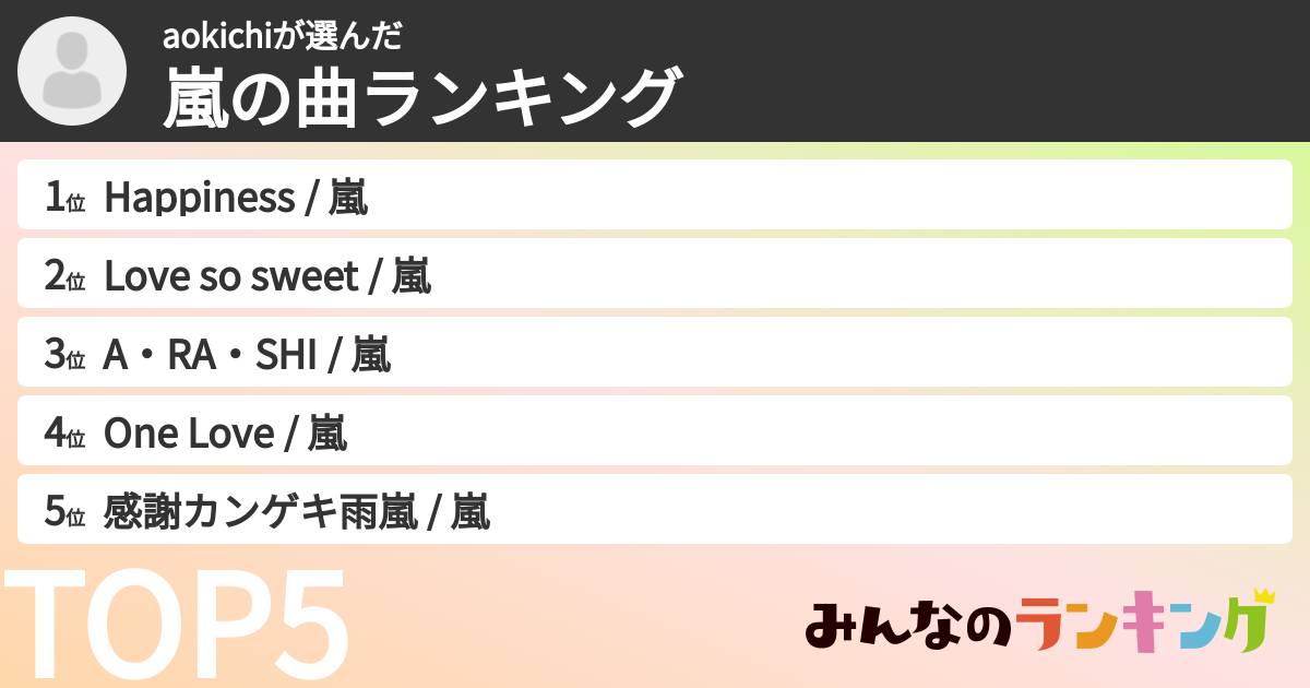 aokichiさんの「嵐の曲ランキング」