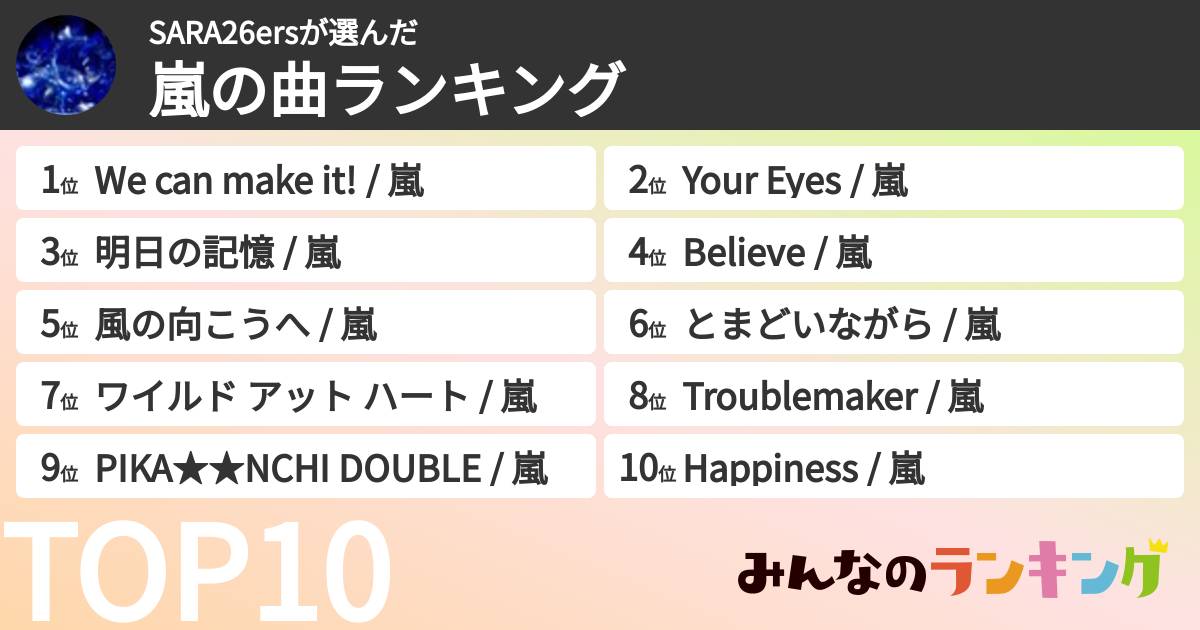 SARA26ersさんの「嵐の曲ランキング」
