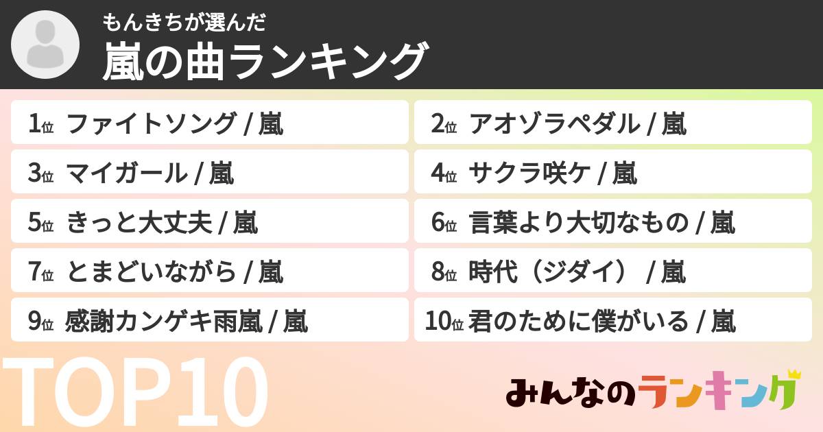 もんきちさんの「嵐の曲ランキング」