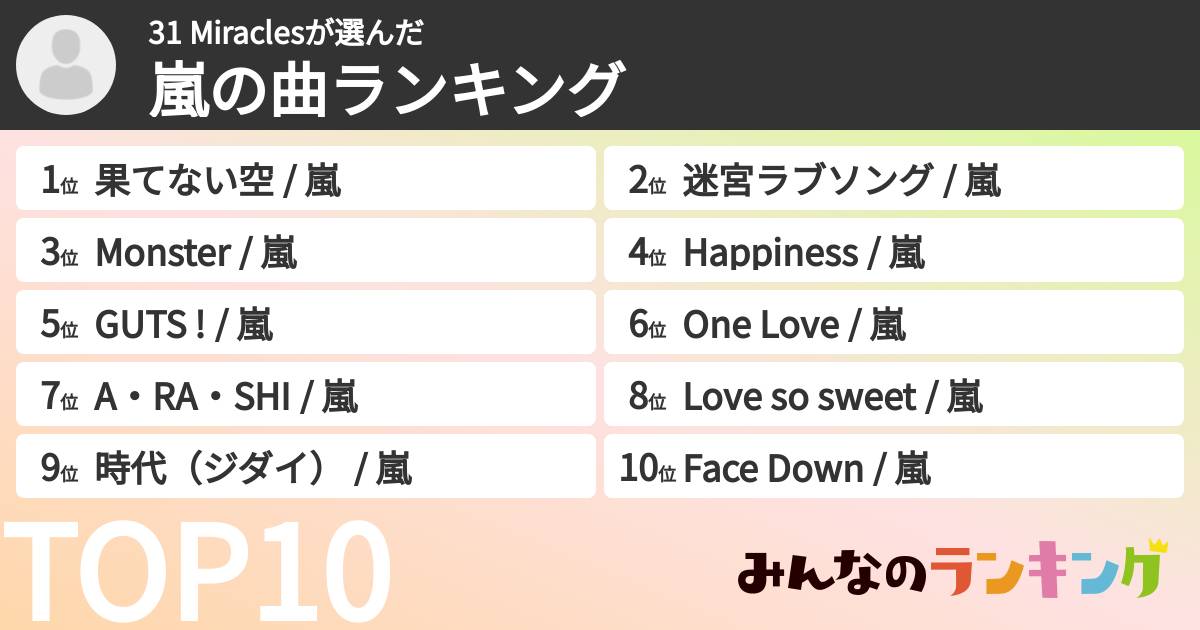 31 Miraclesさんの「嵐の曲ランキング」
