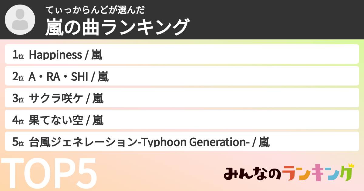 てぃっからんどさんの「嵐の曲ランキング」