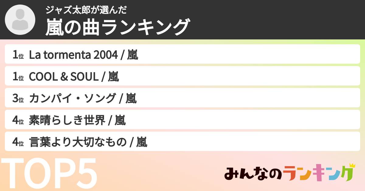ジャズ太郎さんの「嵐の曲ランキング」