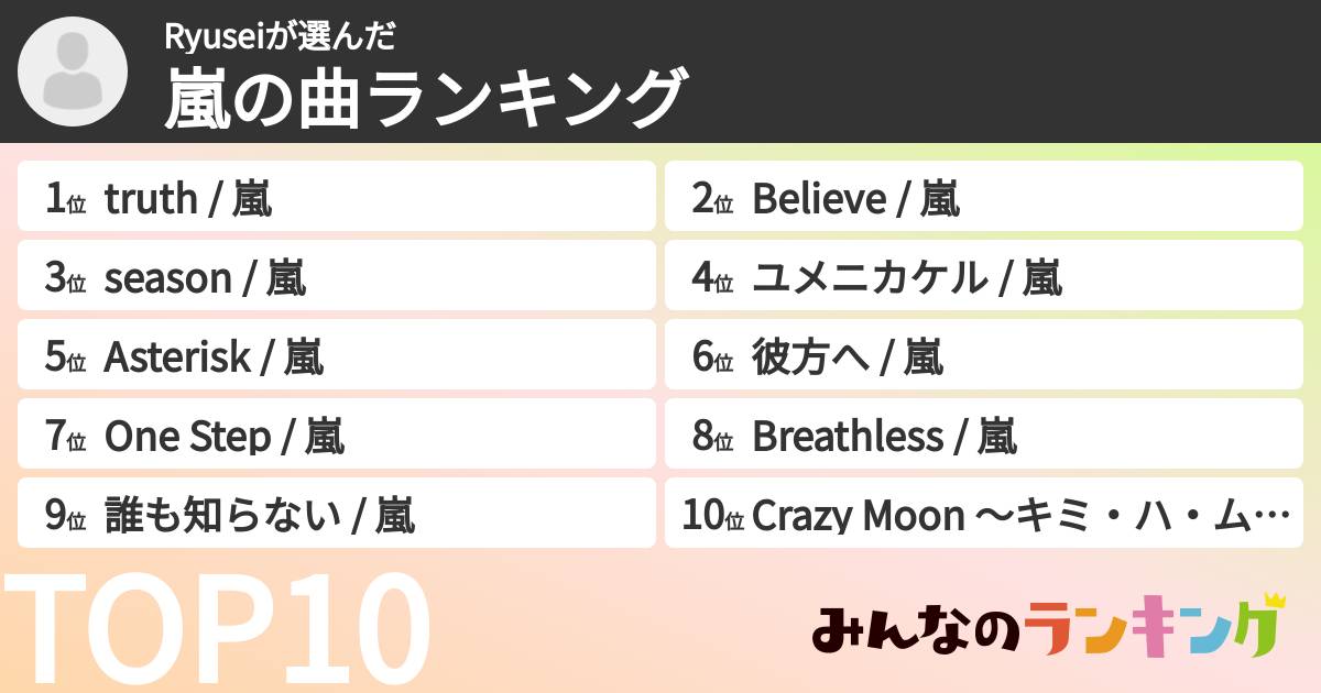 Ryuseiさんの「嵐の曲ランキング」