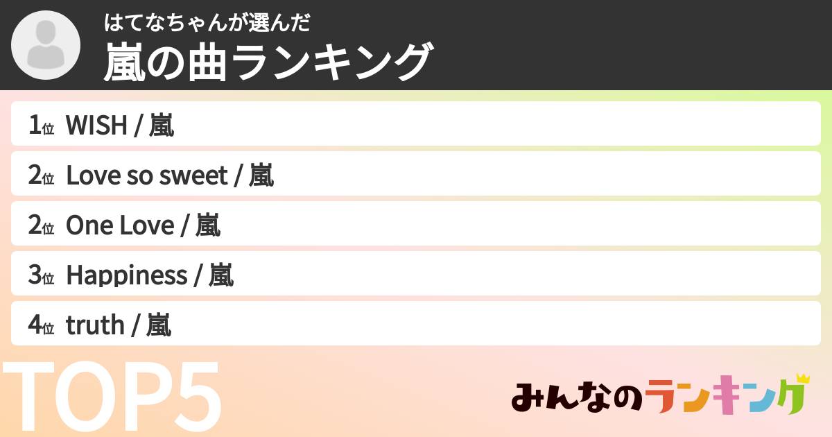 はてなちゃんさんの「嵐の曲ランキング」
