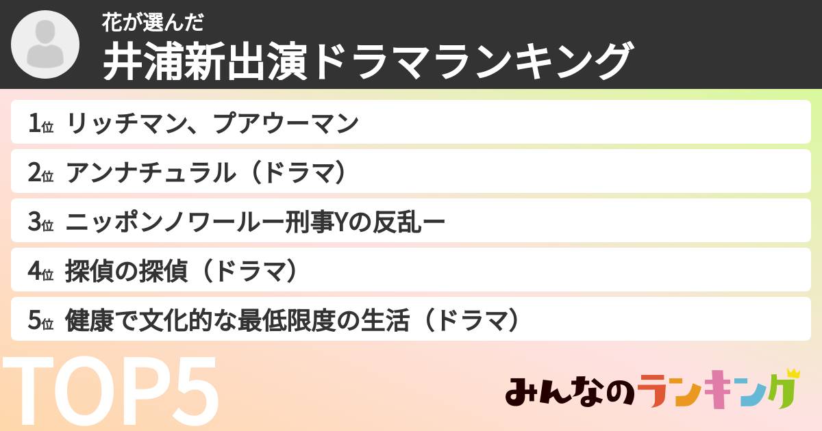 花さんの「井浦新出演ドラマランキング」