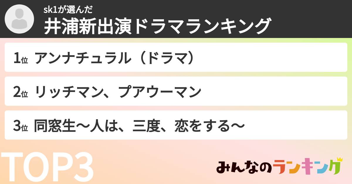sk1さんの「井浦新出演ドラマランキング」