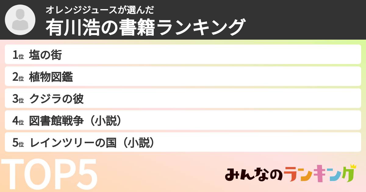 オレンジジュースさんの「有川浩の書籍ランキング」