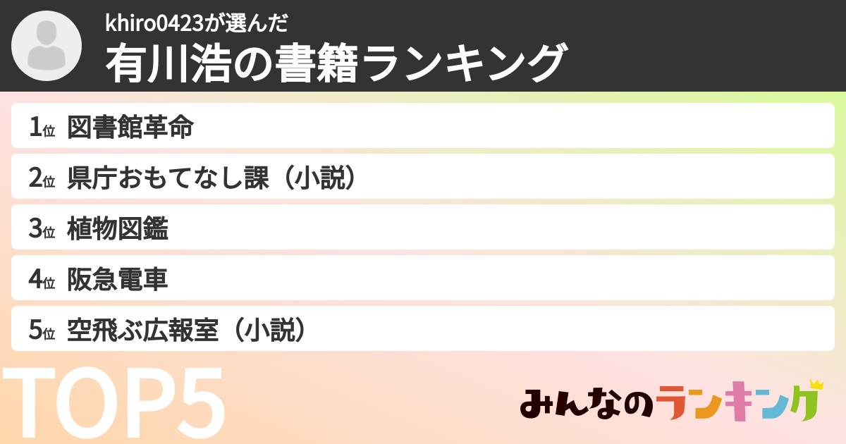 khiro0423さんの「有川浩の書籍ランキング」