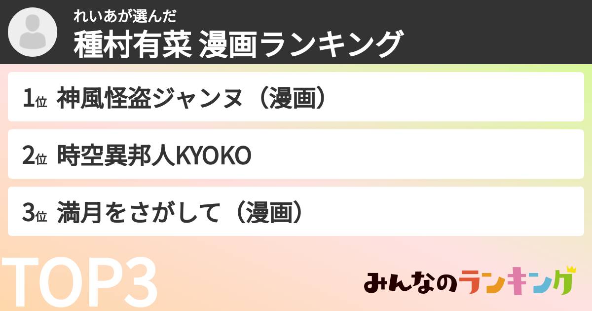 れいあさんの「種村有菜 漫画ランキング」