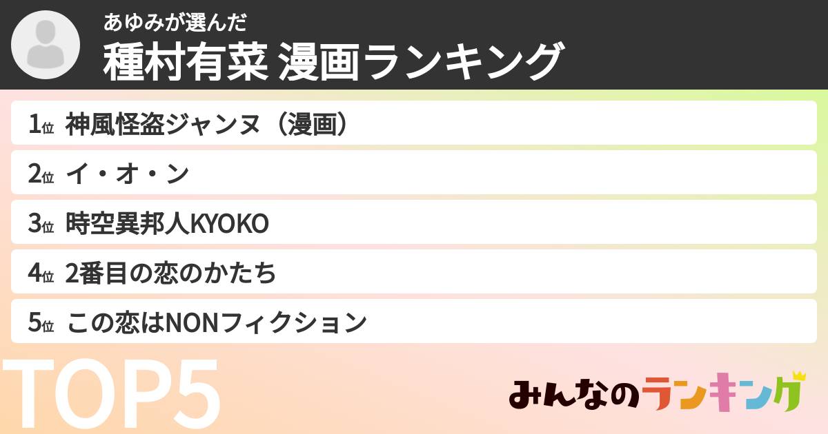 あゆみさんの「種村有菜 漫画ランキング」
