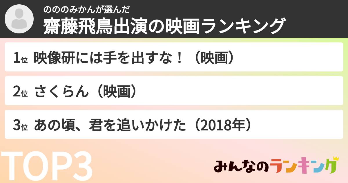のののみかんさんの「齋藤飛鳥出演の映画ランキング」