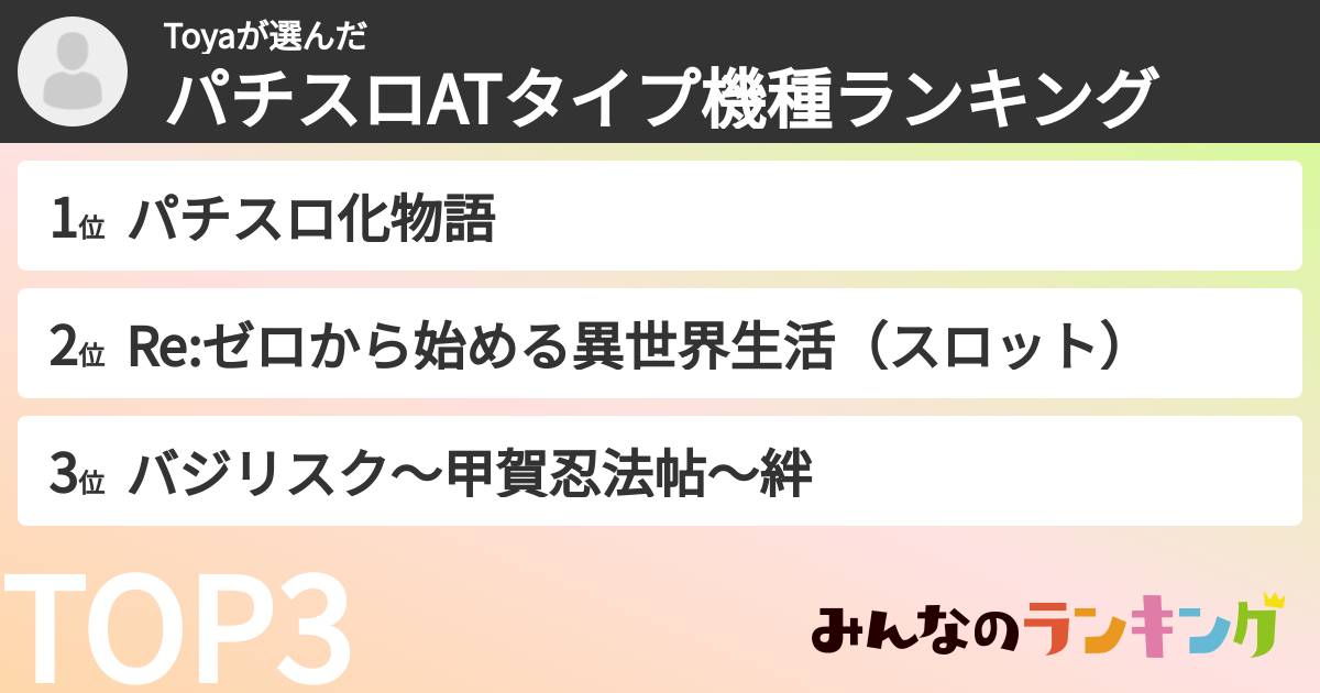 Toyaさんの「パチスロATタイプ機種ランキング」
