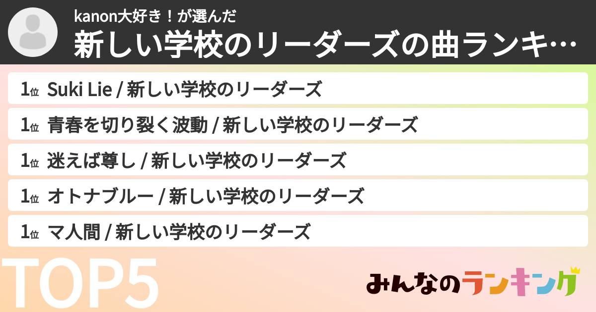 kanon大好き!さんの「新しい学校のリーダーズの曲ランキング」