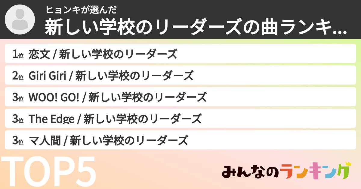 ヒョンキさんの「新しい学校のリーダーズの曲ランキング」