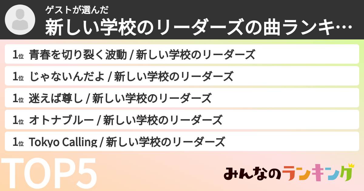 ゲストさんの「新しい学校のリーダーズの曲ランキング」