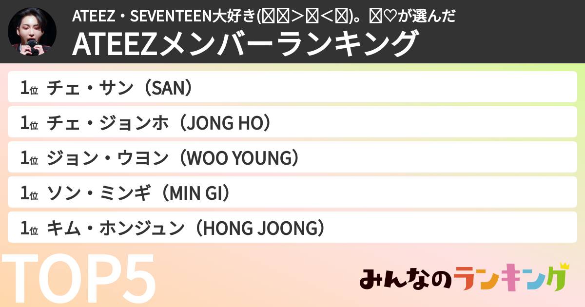 ATEEZ・SEVENTEEN大好き(⋈◍＞◡＜◍)。✧♡さんの「ATEEZメンバーランキング」