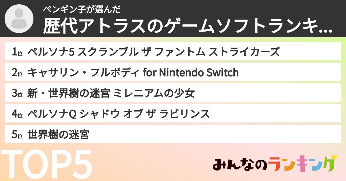 ペンギン子さんの「歴代アトラスのゲームソフトランキング」