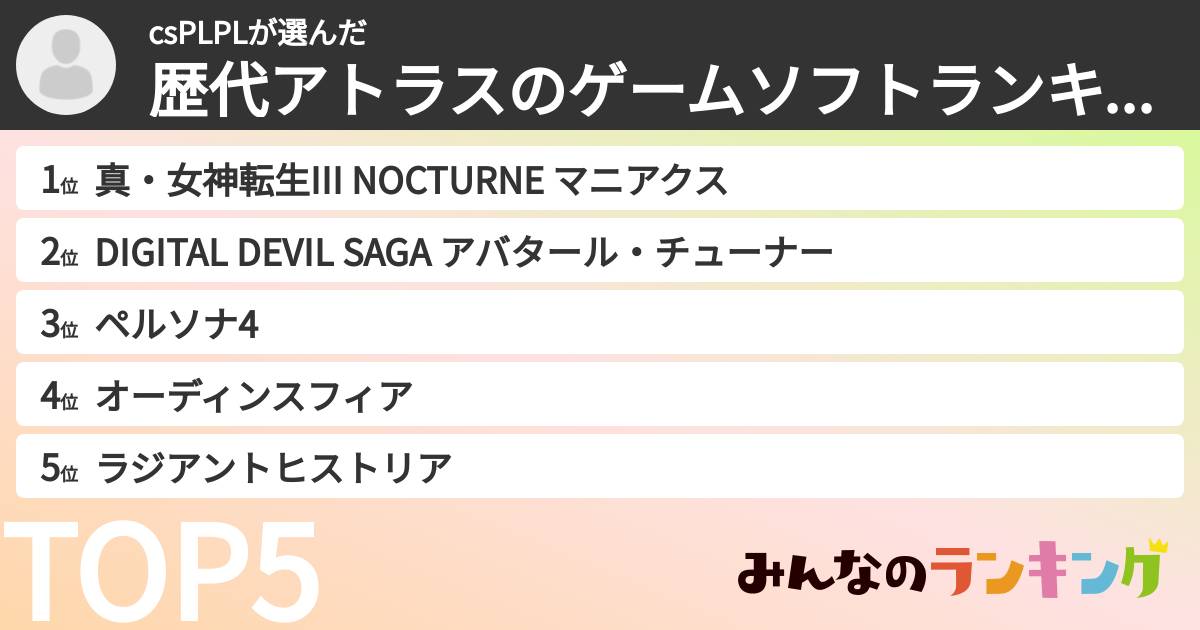 csPLPLさんの「歴代アトラスのゲームソフトランキング」