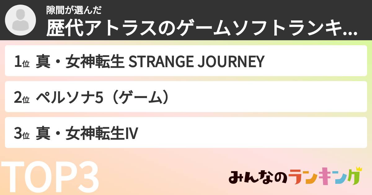 隙間さんの「歴代アトラスのゲームソフトランキング」