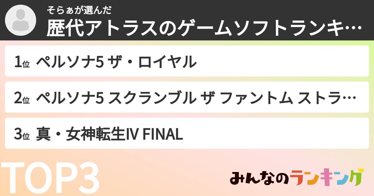 そらぁさんの「歴代アトラスのゲームソフトランキング」