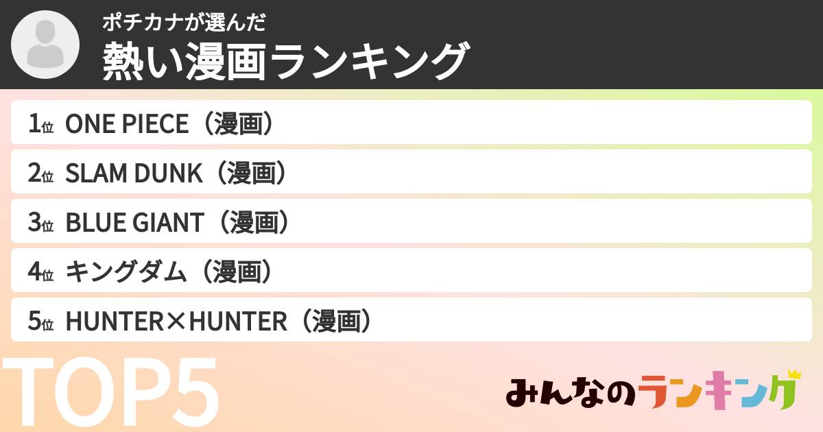 ポチカナさんの「熱い漫画ランキング」