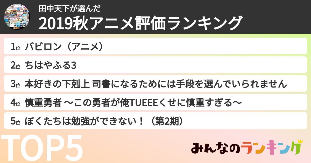 田中天下さんの「2019秋アニメ評価ランキング」