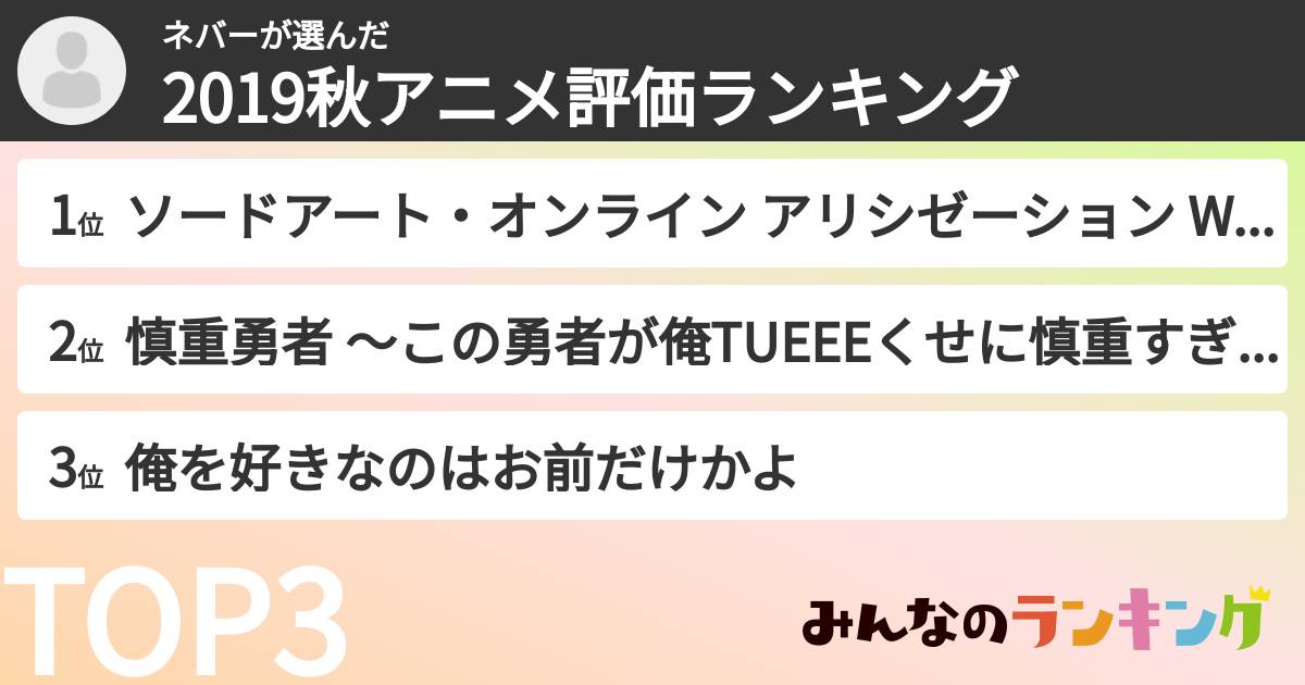 ネバーさんの「2019秋アニメ評価ランキング」