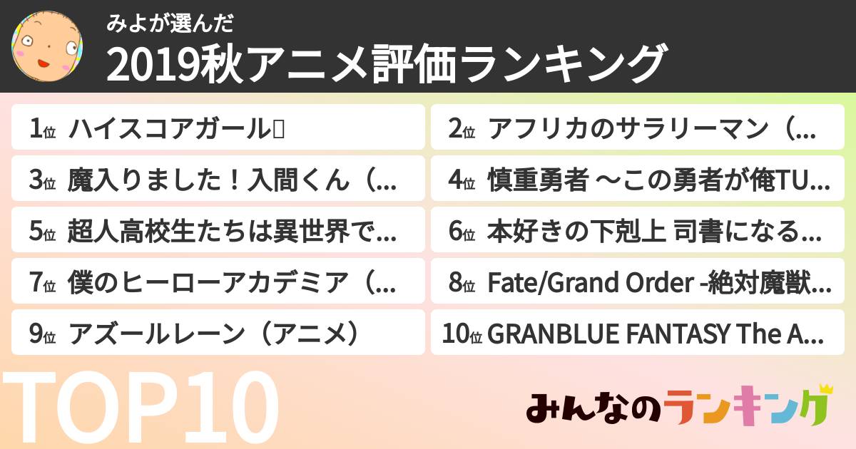 みよさんの「2019秋アニメ評価ランキング」