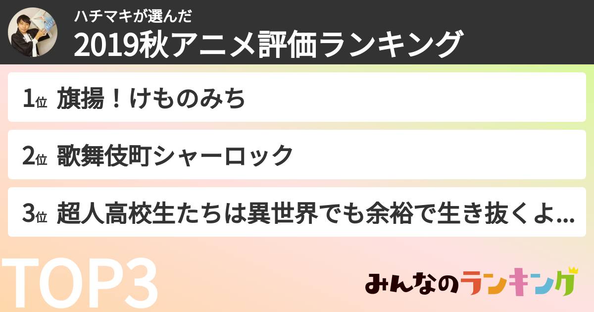 ハチマキさんの「2019秋アニメ評価ランキング」