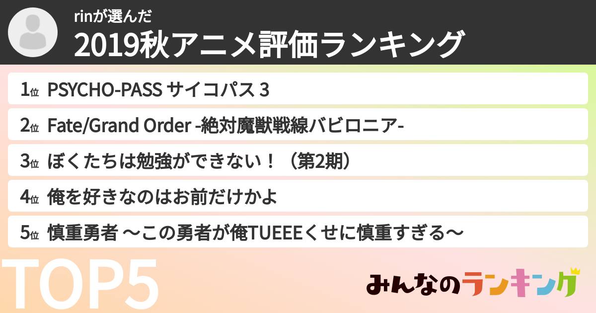 rinさんの「2019秋アニメ評価ランキング」