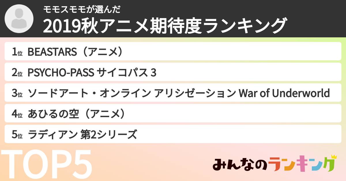 モモスモモさんの「2019秋アニメ期待度ランキング」