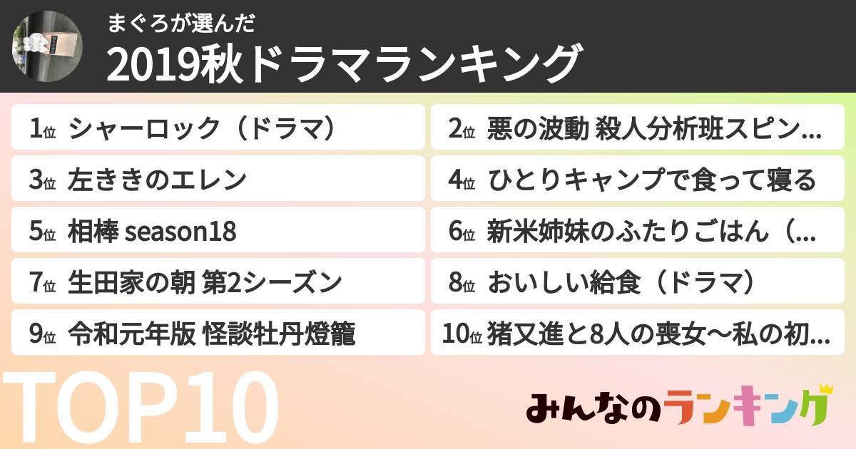 まぐろさんの「2019秋ドラマランキング」