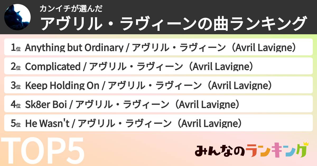 カンイチさんの「アヴリル・ラヴィーンの曲ランキング」
