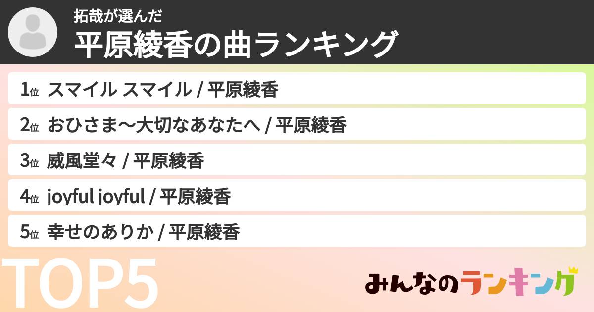 拓哉さんの「平原綾香の曲ランキング」