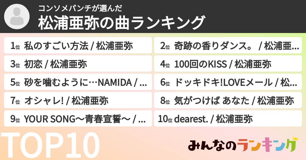 コンソメパンチさんの「松浦亜弥の曲ランキング」