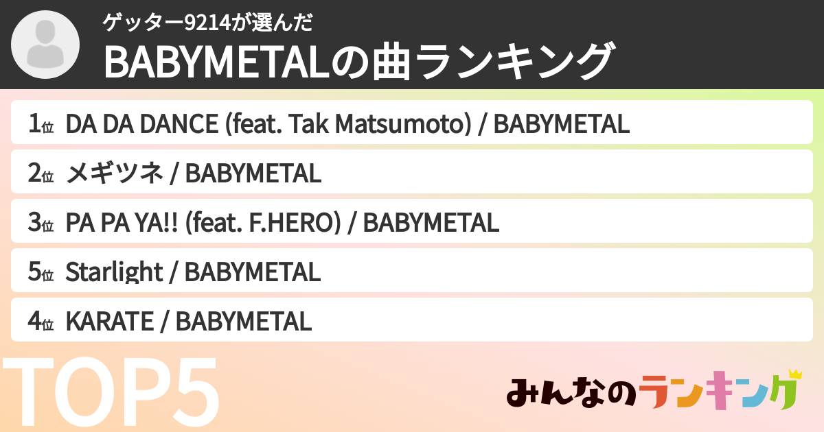 ゲッター9214さんの「BABYMETALの曲ランキング」