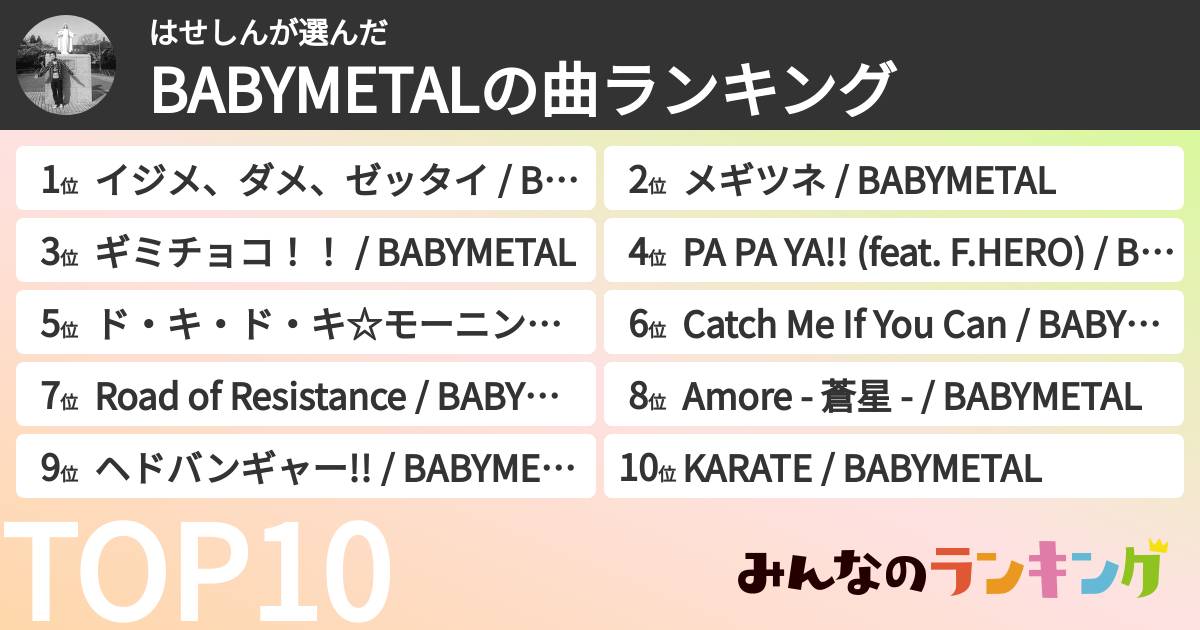 はせしんさんの「BABYMETALの曲ランキング」