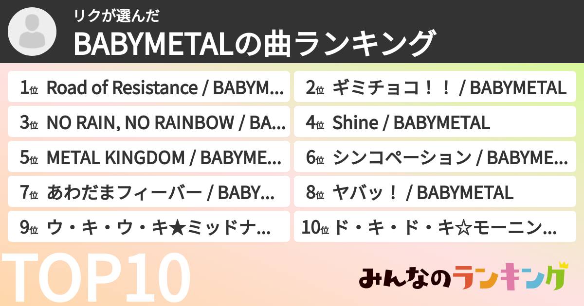 リクさんの「BABYMETALの曲ランキング」