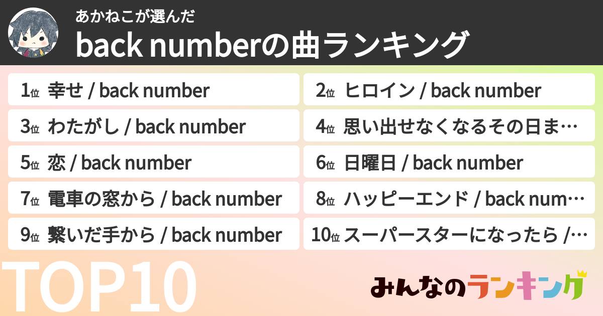 あかねこさんの「back numberの曲ランキング」