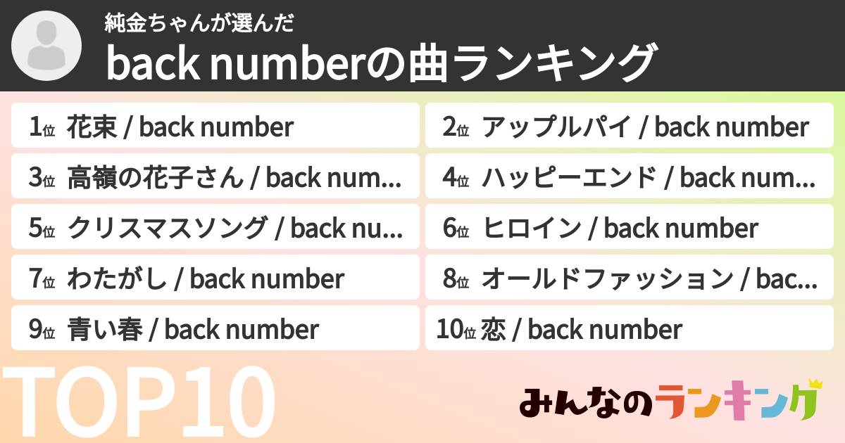 純金ちゃんさんの「back numberの曲ランキング」