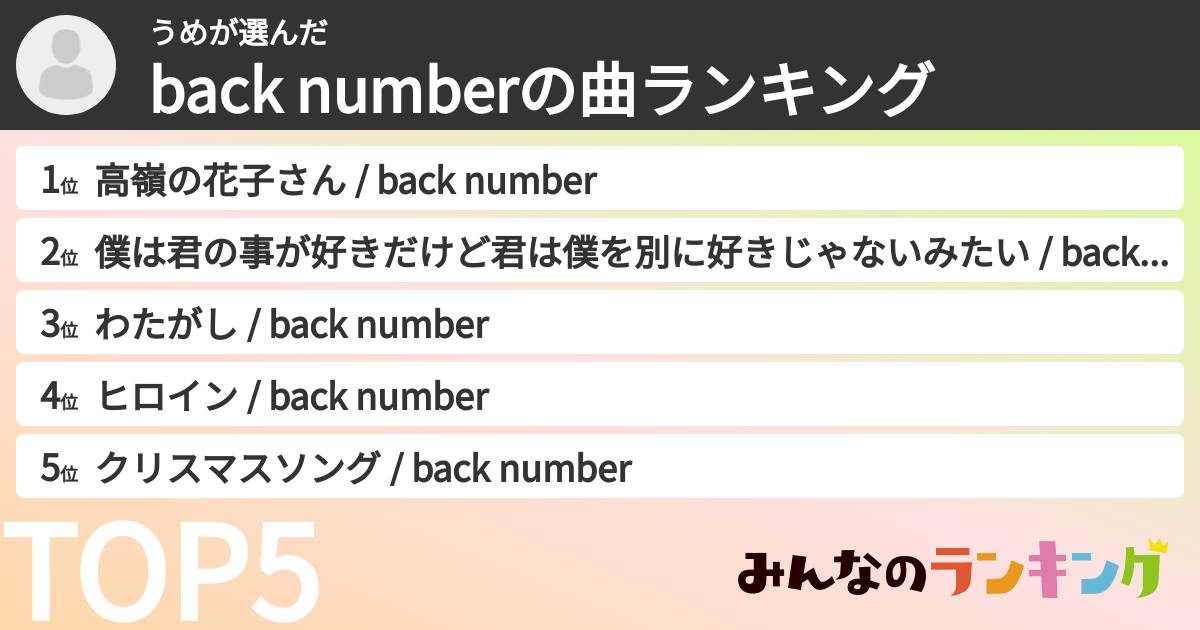うめさんの「back numberの曲ランキング」