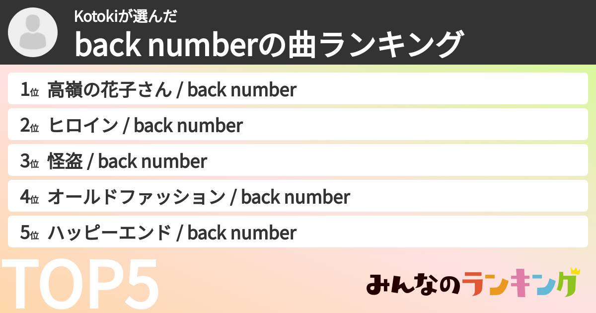 Kotokiさんの「back numberの曲ランキング」