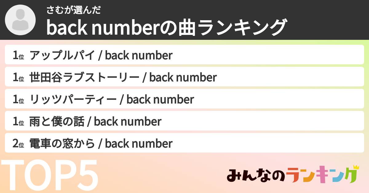 さむさんの「back numberの曲ランキング」