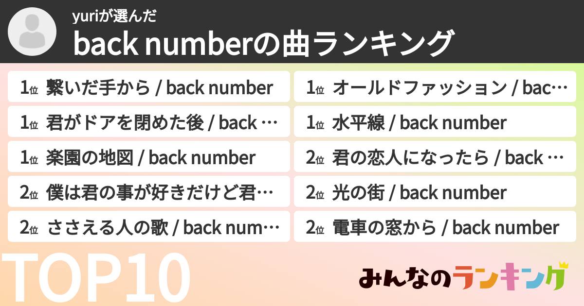 yuriさんの「back numberの曲ランキング」