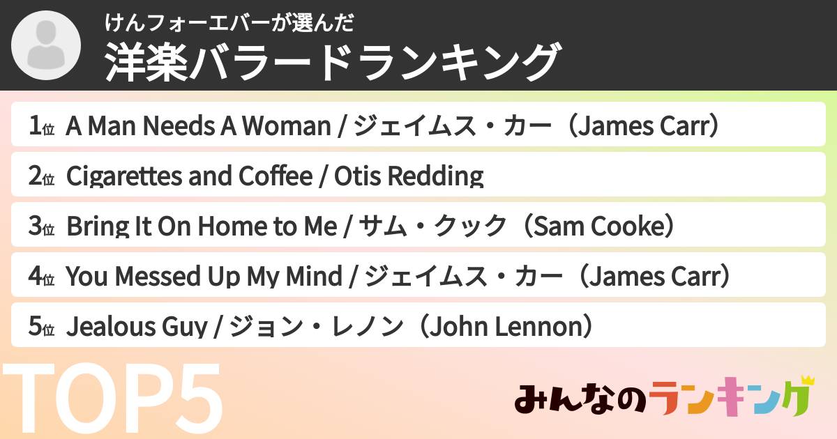 けんフォーエバーさんの「洋楽バラードランキング」