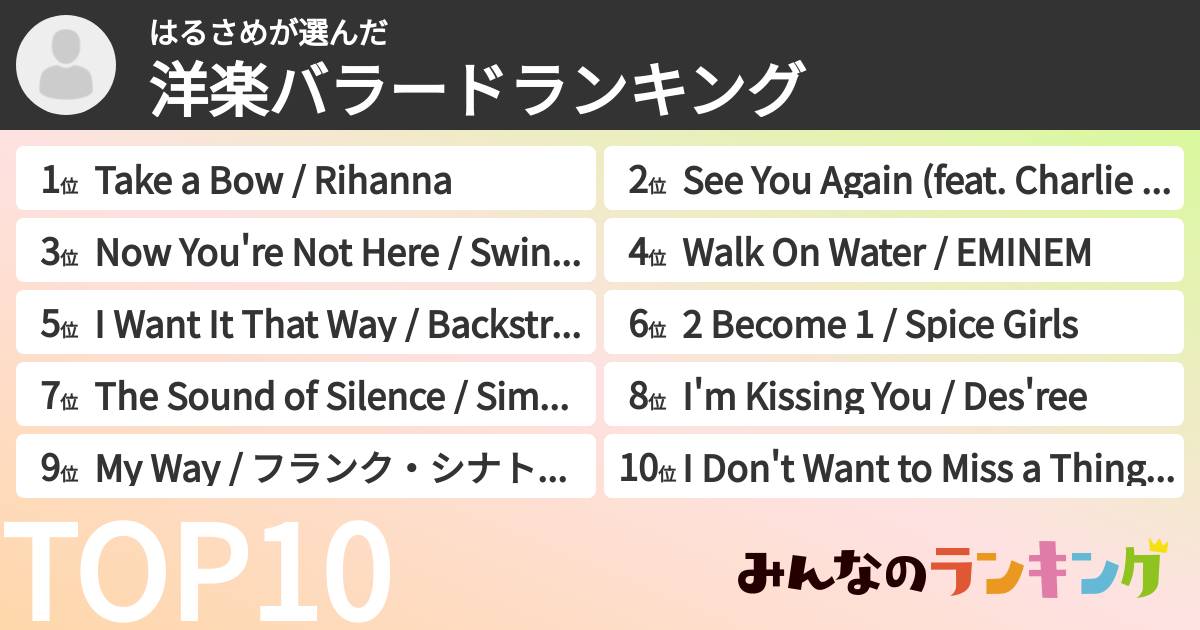 はるさめさんの「洋楽バラードランキング」
